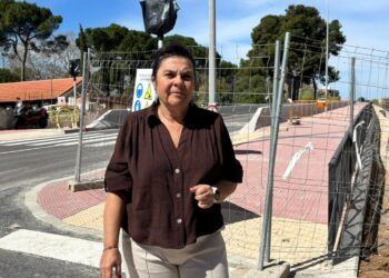 La concejala de Urbanismo, Cristina Alcañiz, junto a la acera cerrada del puente en una foto de archivo